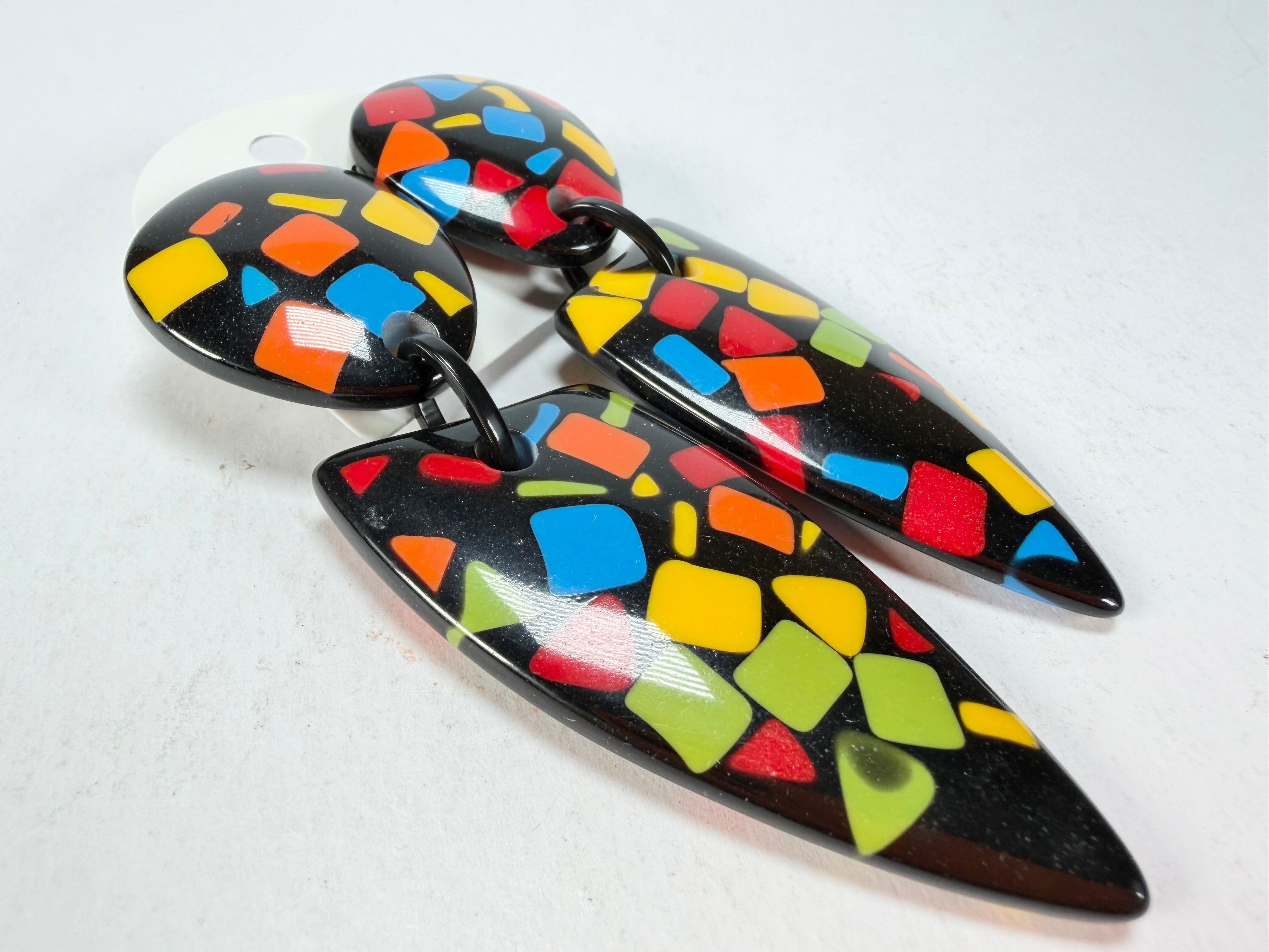 Marion Godart - Confetti "Bouclier Et Dague" Art-Deco Mix Dome & Pendant Resin Clip On Earrings