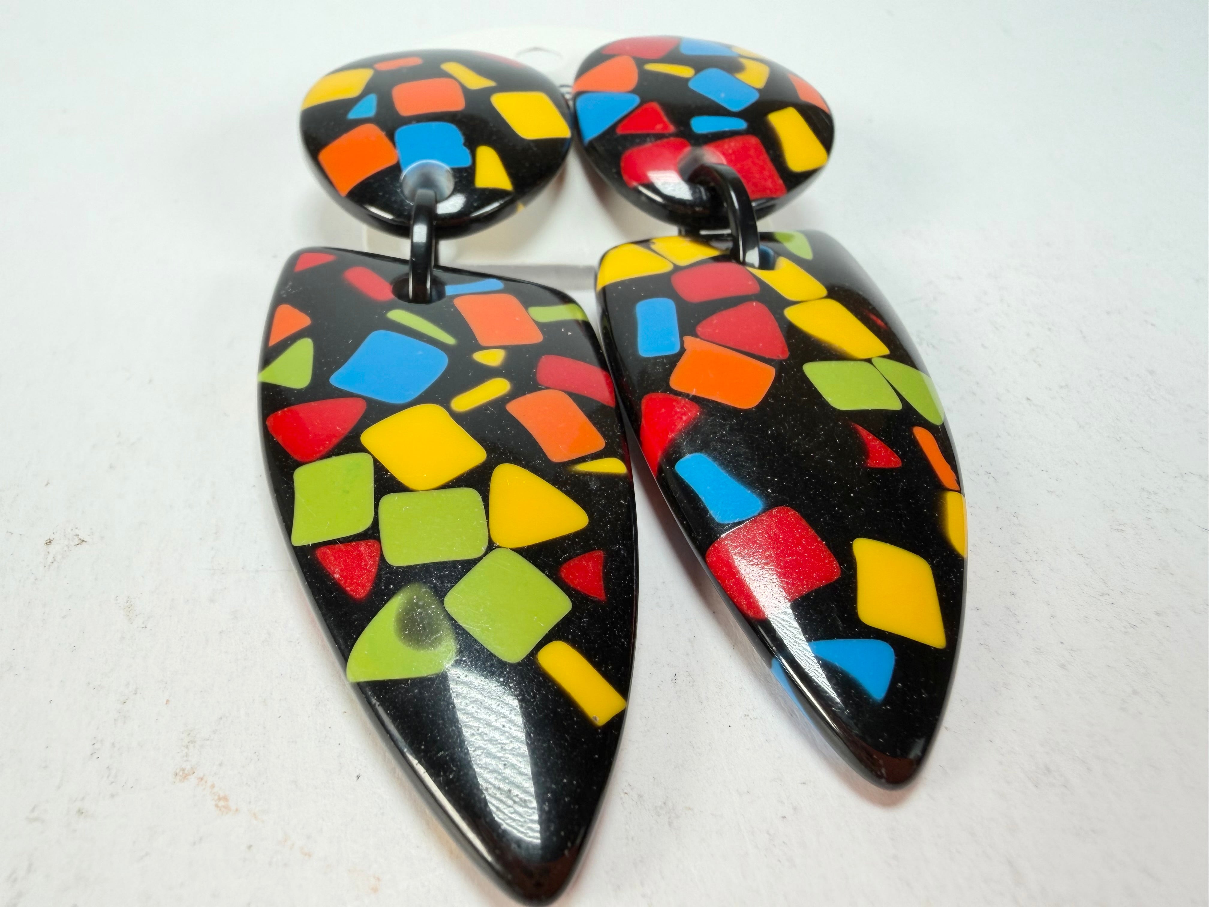 Marion Godart - Confetti "Bouclier Et Dague" Art-Deco Mix Dome & Pendant Resin Clip On Earrings