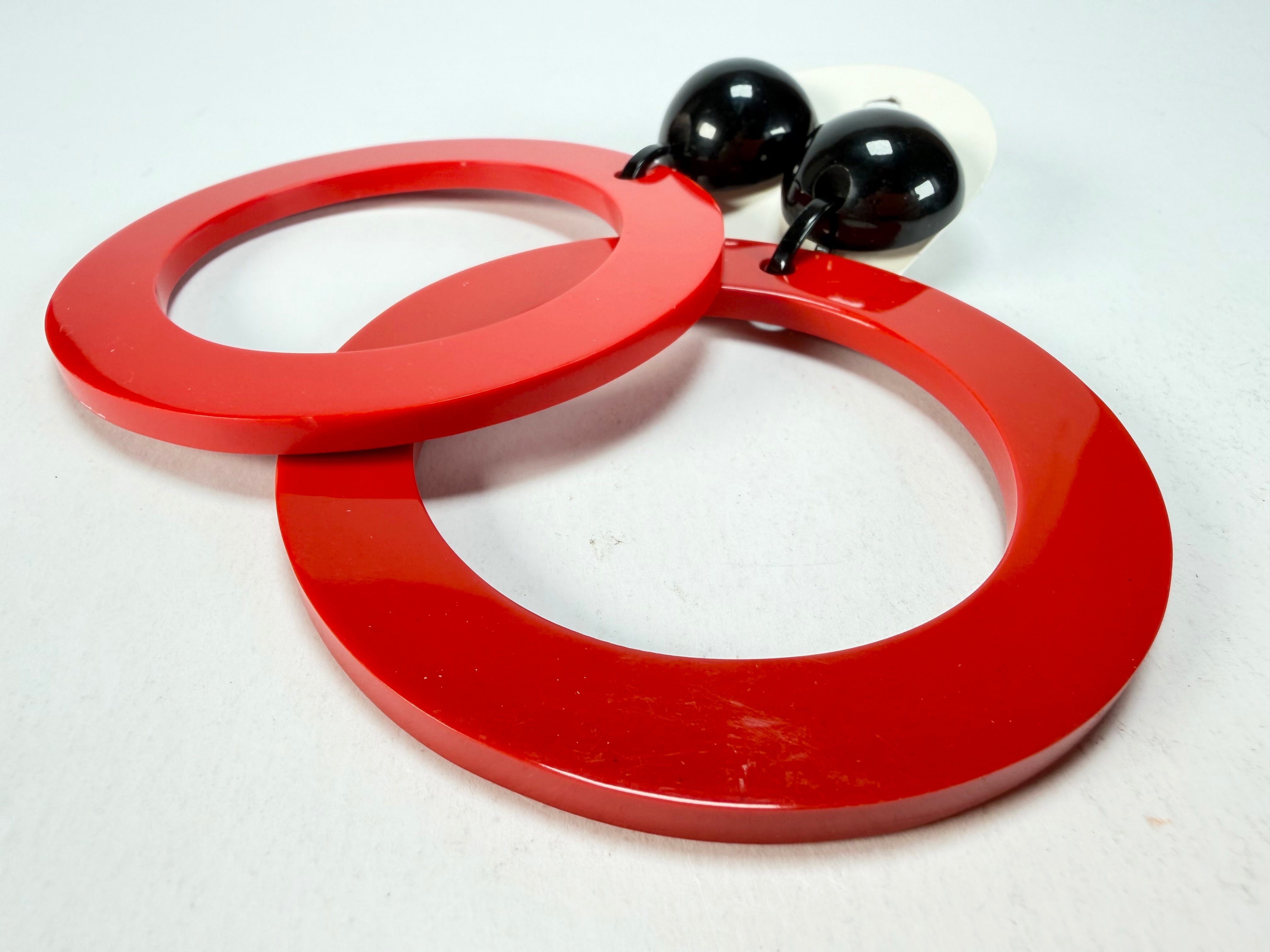 Marion Godart - BSX "Cerceau" Red & Black Flat Hoop Resin Clip On Earrings