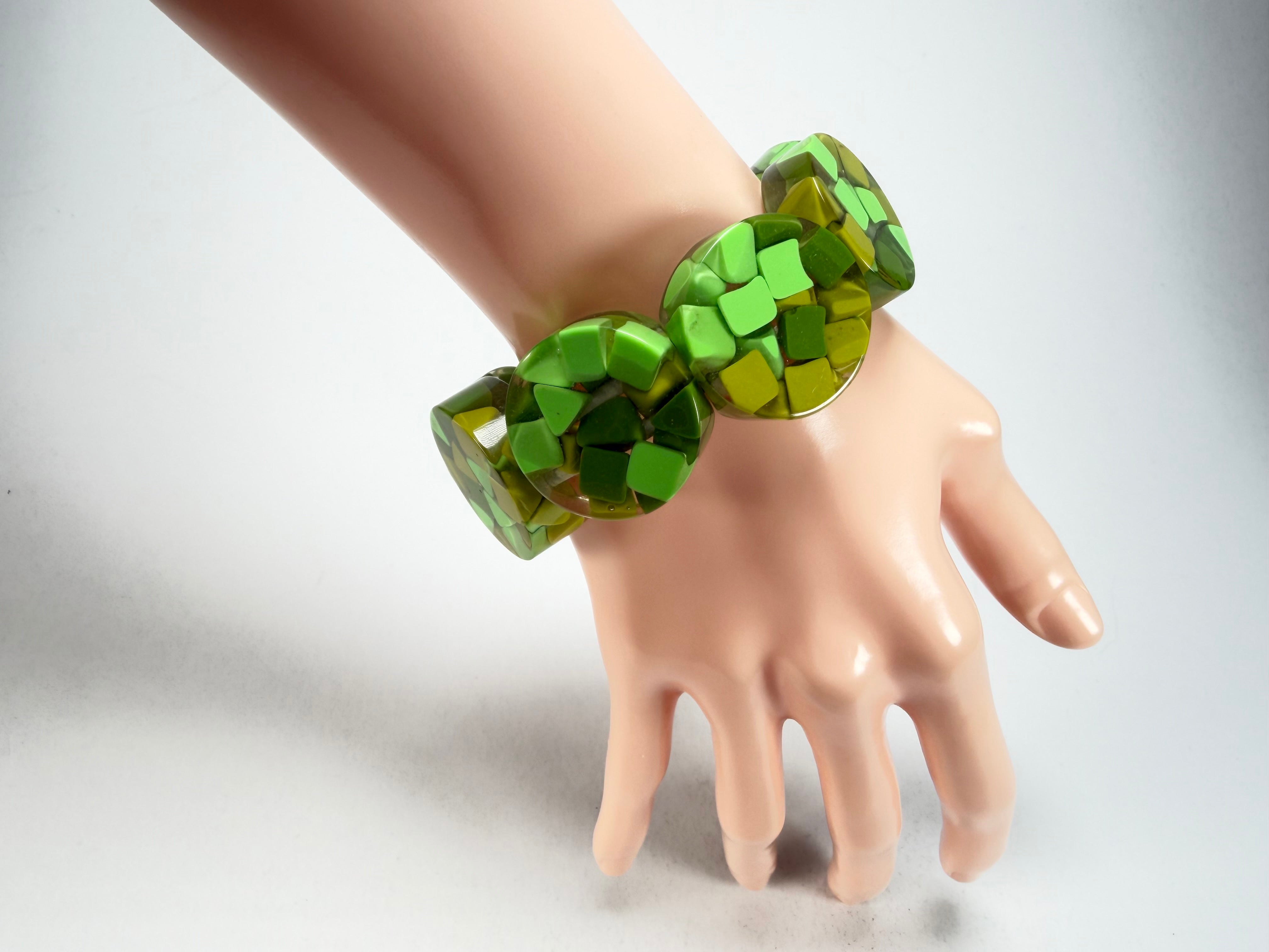 Marion Godart - Confetti "Cylindre" Green Mix Elasticated Cylinder Resin Bracelet