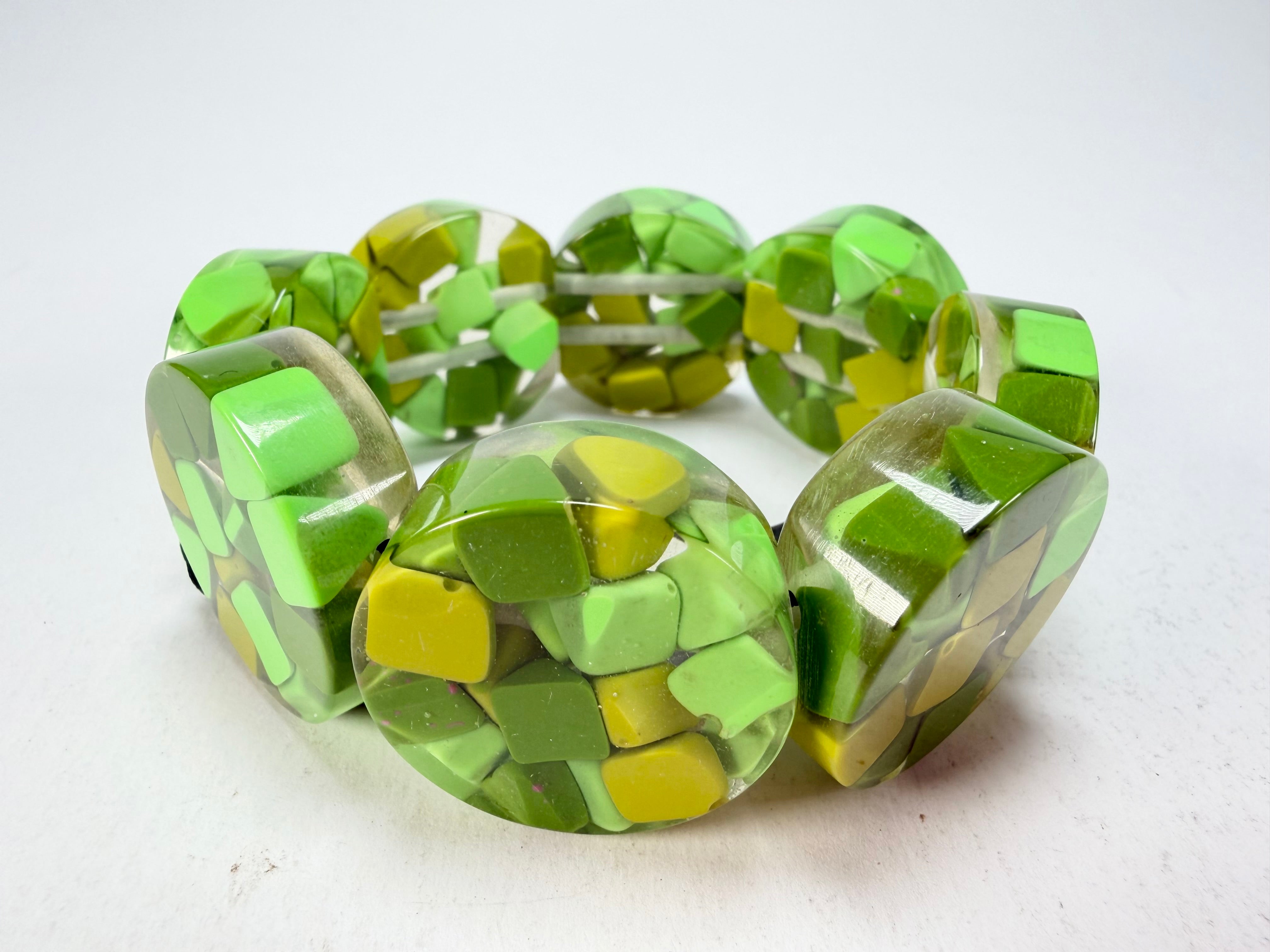 Marion Godart - Confetti "Cylindre" Green Mix Elasticated Cylinder Resin Bracelet