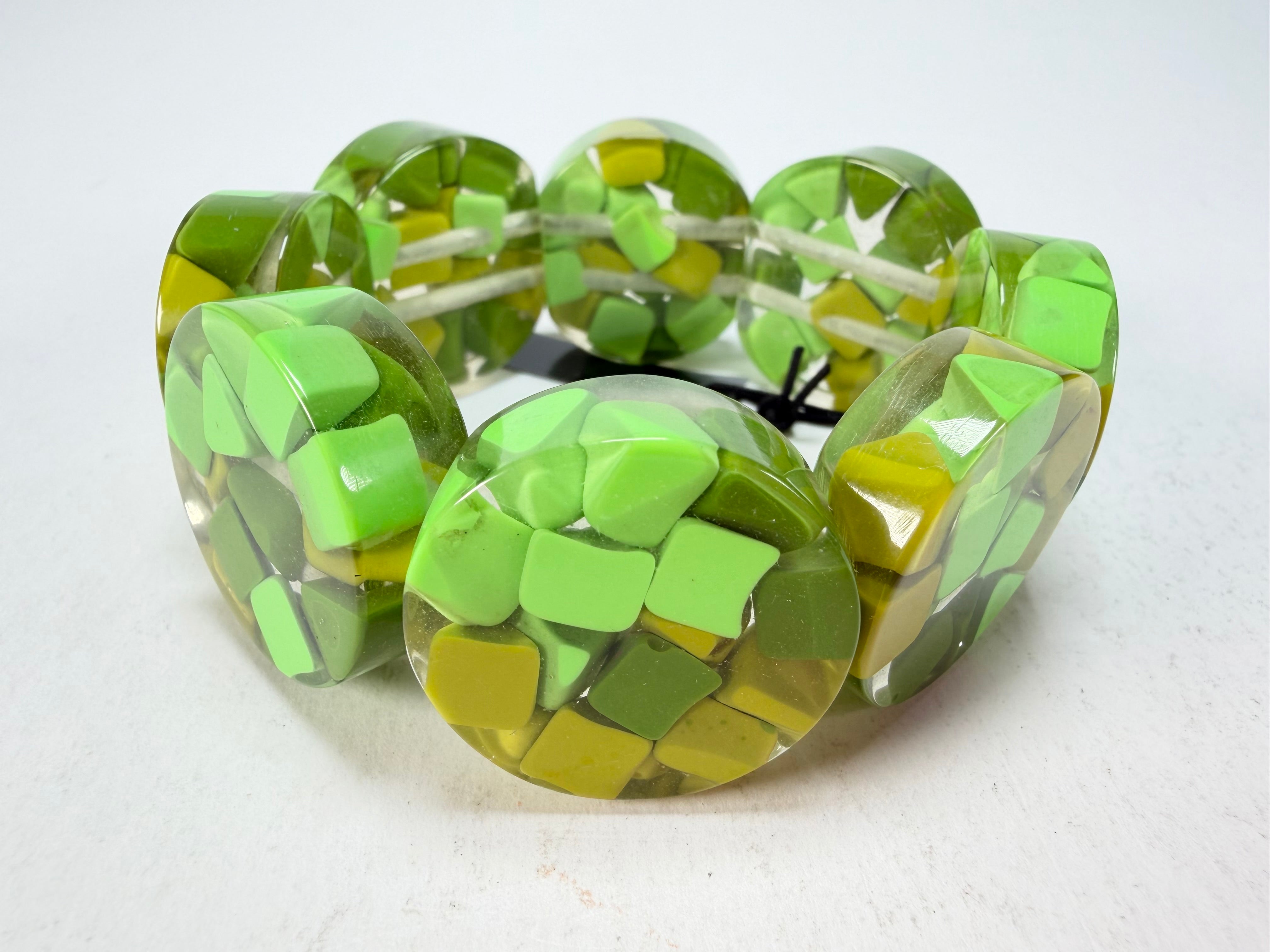 Marion Godart - Confetti "Cylindre" Green Mix Elasticated Cylinder Resin Bracelet