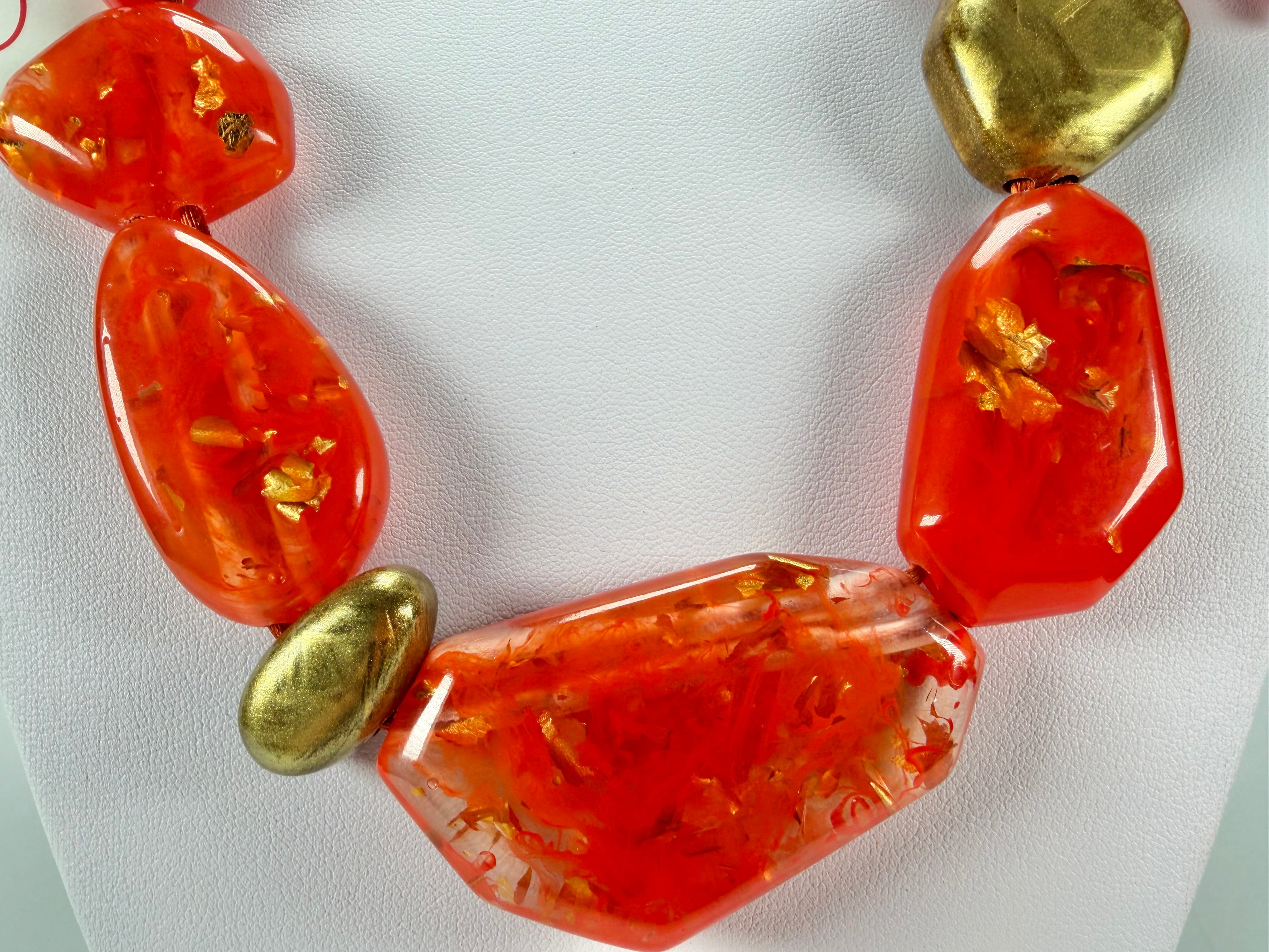Zsiska - Pyrite "Prue Leith" Orange with Gold Flakes Resin Necklace ( P200101ORANQ10 )