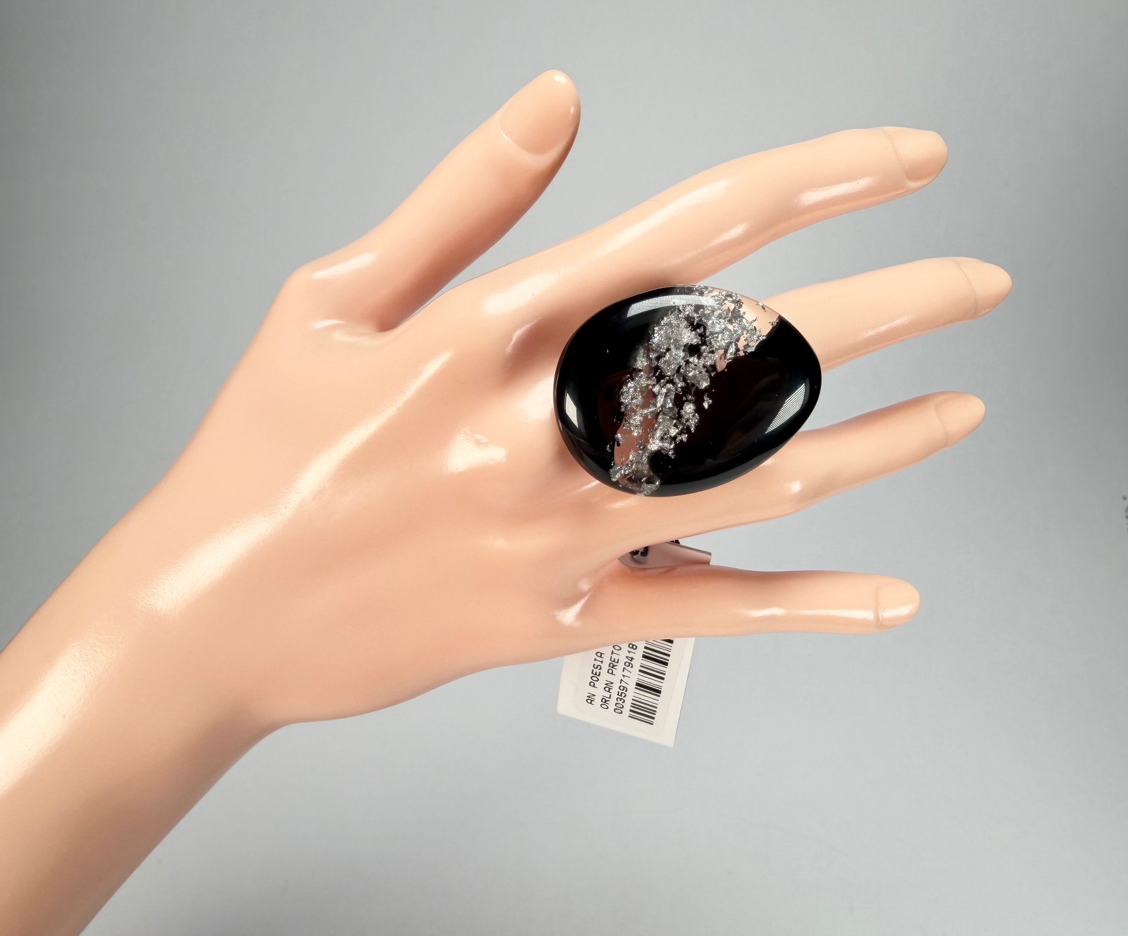 Sobral - Orlando Metalique "Poesia" Black & Silver Resin Ring ( 003597 ) - Size UK Q / US 8