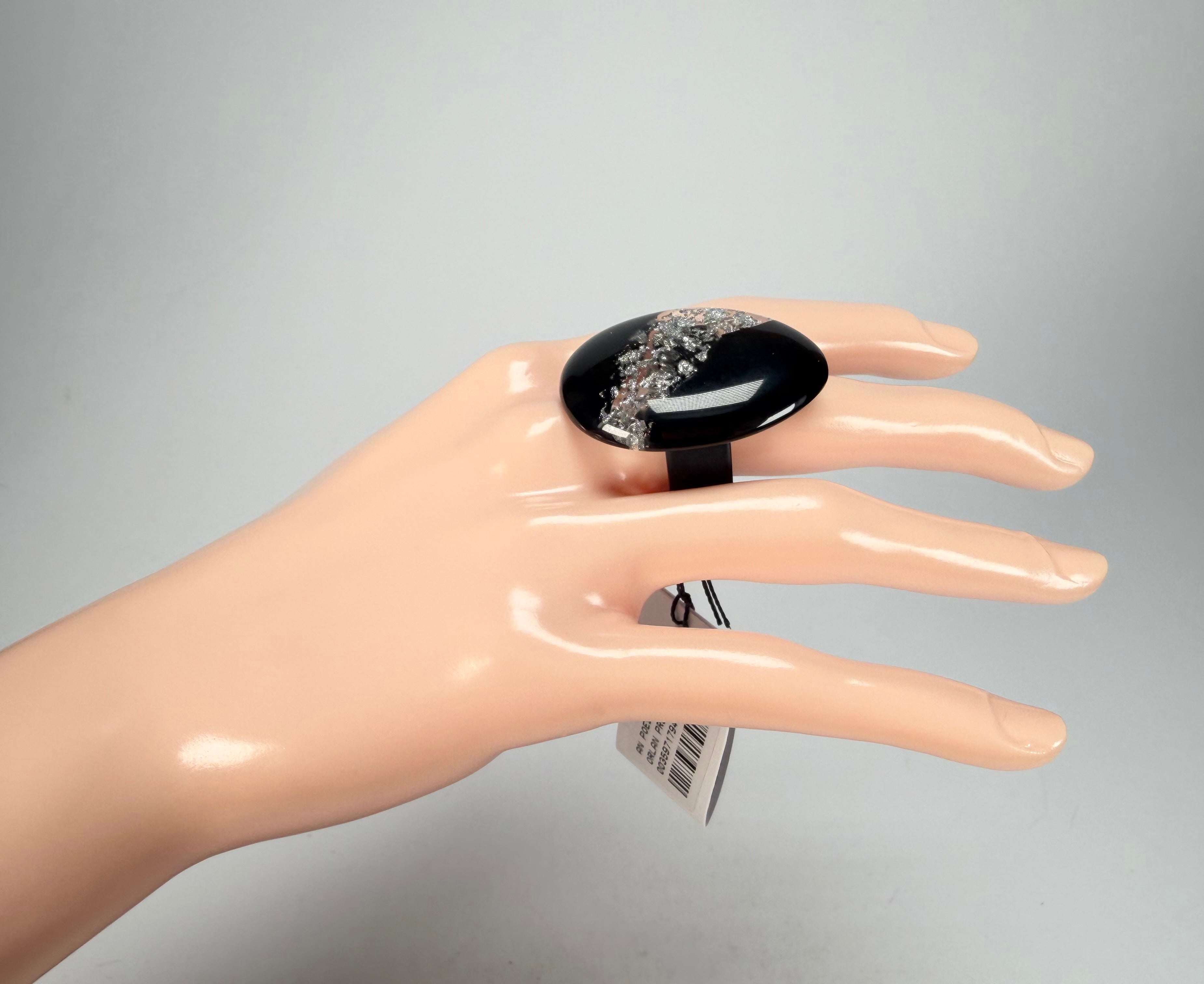 Sobral - Orlando Metalique "Poesia" Black & Silver Resin Ring ( 003597 ) - Size UK Q / US 8