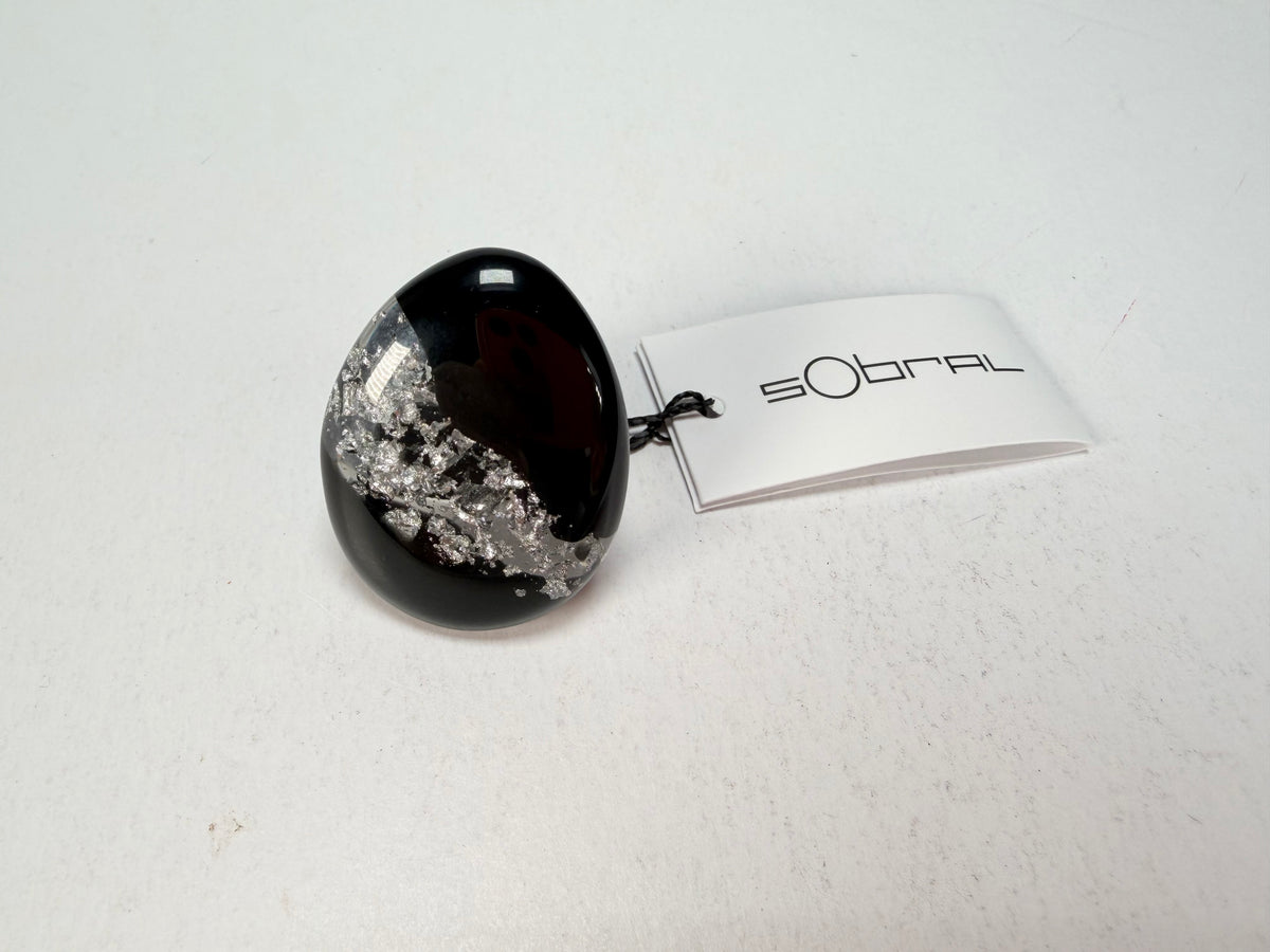 Sobral - Orlando Metalique "Poesia" Black & Silver Resin Ring ( 003597 ) - Size UK Q / US 8