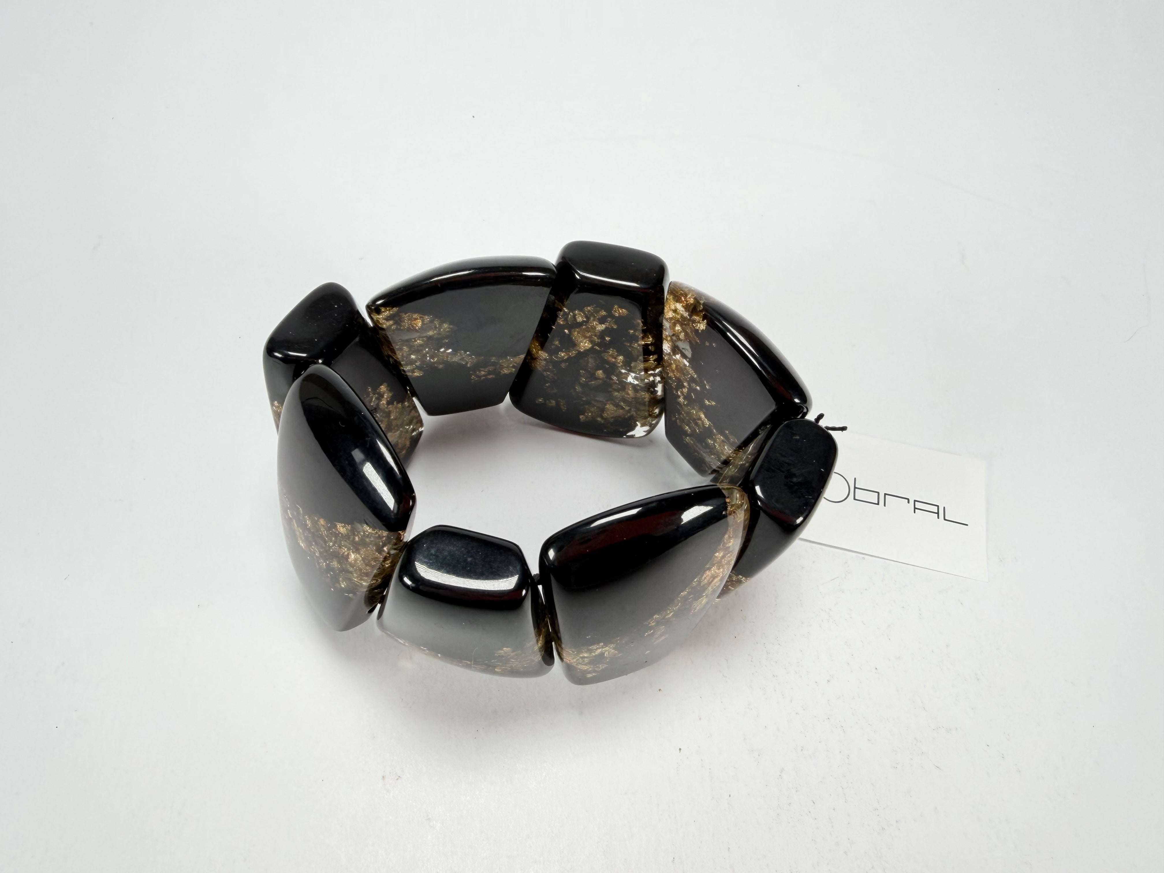 Sobral - Metalique "Rimla" Black & Gold Elasticated Resin Bracelet ( 004498 )