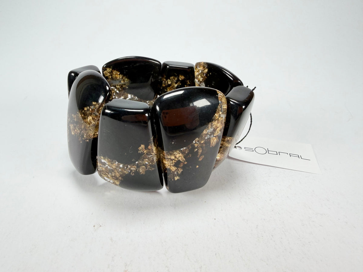 Sobral - Metalique "Rimla" Black & Gold Elasticated Resin Bracelet ( 004498 )