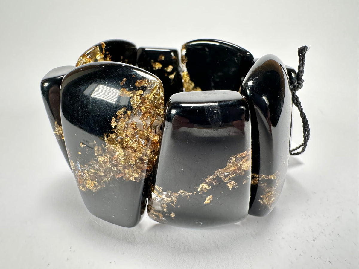 Sobral - Metalique "Rimla" Black & Gold Elasticated Resin Bracelet ( 004498 )