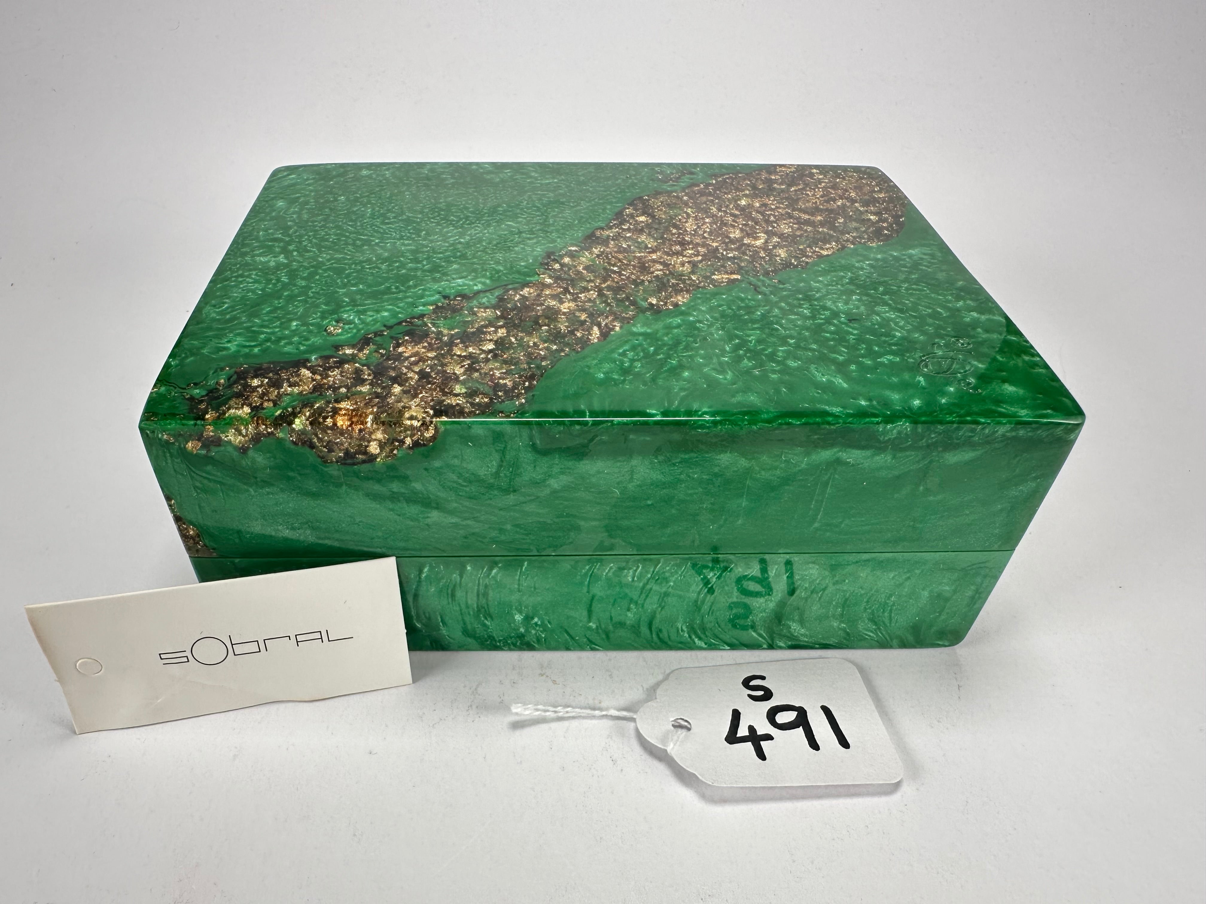 Sobral - Metalique Orlando "Encapsulada" Green & Gold Resin Jewellery Box ( 000303 )