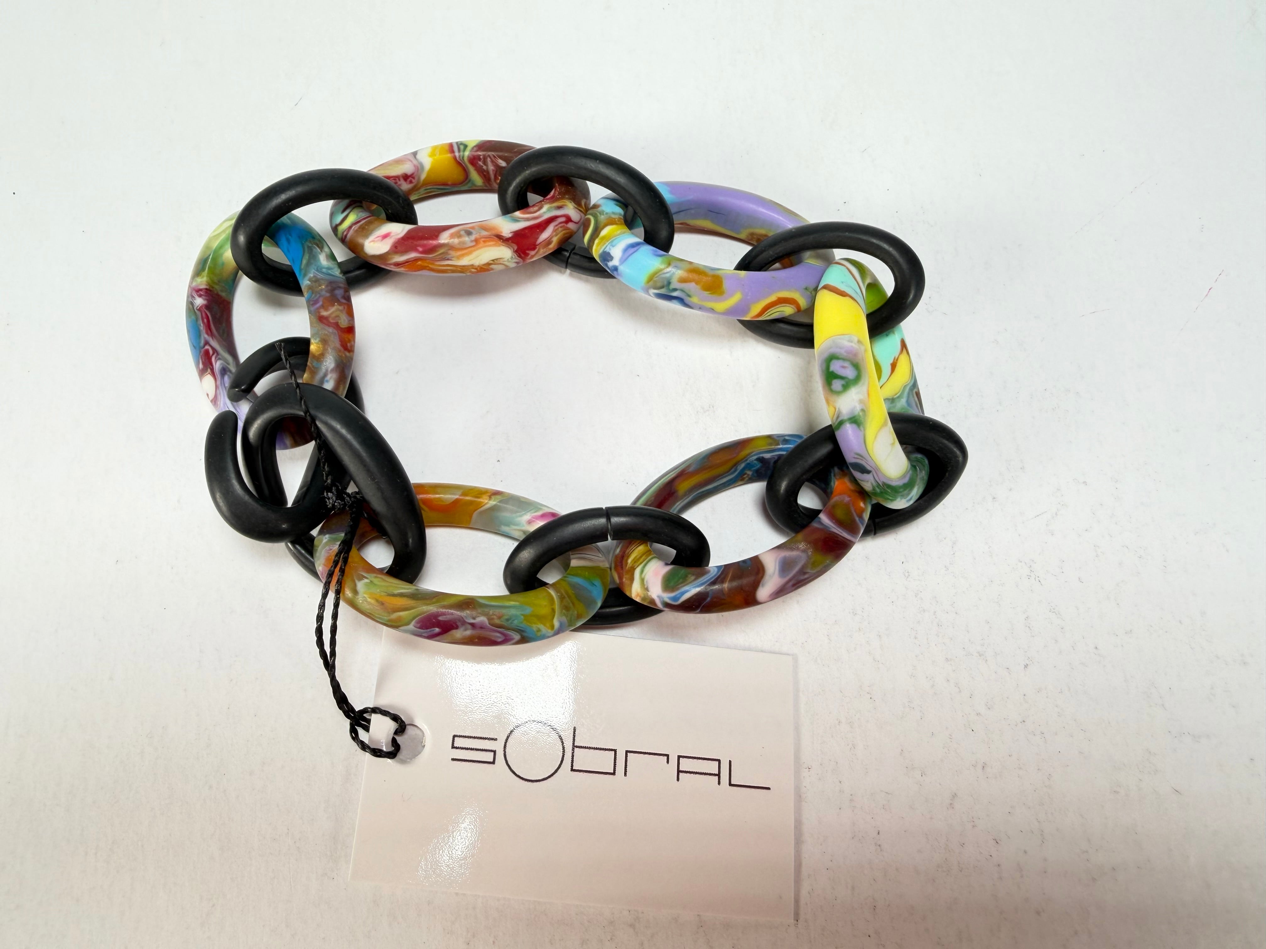 Sobral - Multi-Colour "Atena" Black & Pollock Chain Elasticated Resin Bracelet ( 005182 )