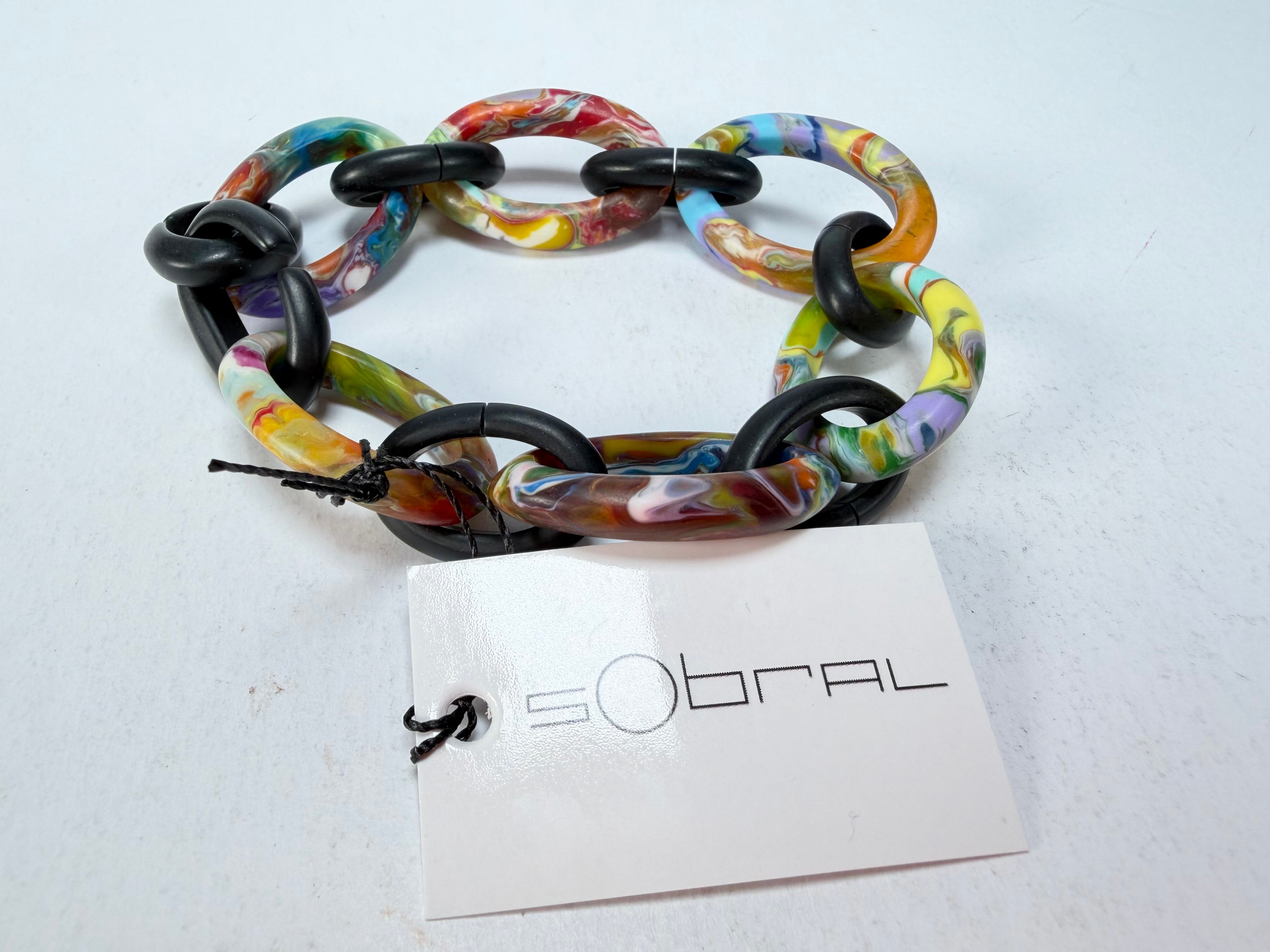Sobral - Multi-Colour "Atena" Black & Pollock Chain Elasticated Resin Bracelet ( 005182 )