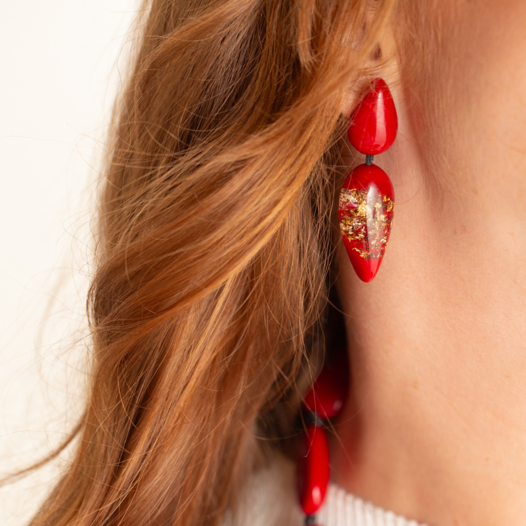 Sobral - Metalique Orlando "Water" Red Resin Earrings ( 004158 )