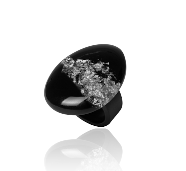 Sobral - Orlando Metalique "Poesia" Black & Silver Resin Ring ( 003597 ) - Size UK Q / US 8
