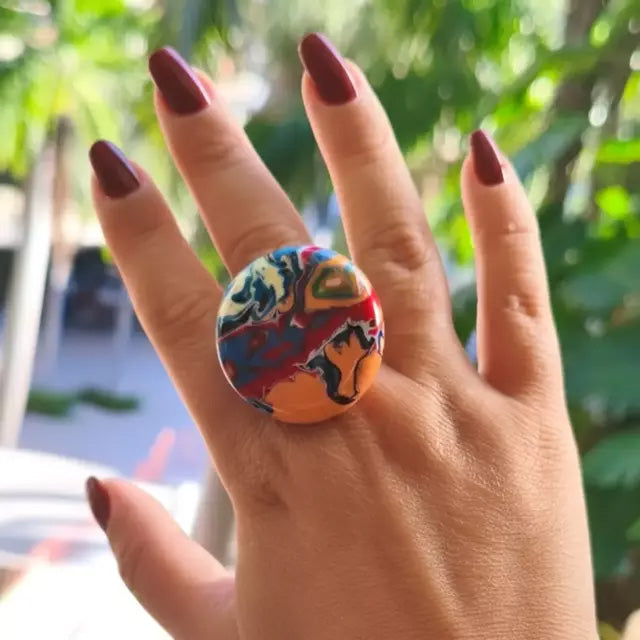 Sobral - Multi-Colour "Bead Efeitos" Pollock Resin Ring ( 004764 ) - Size UK O / US 7