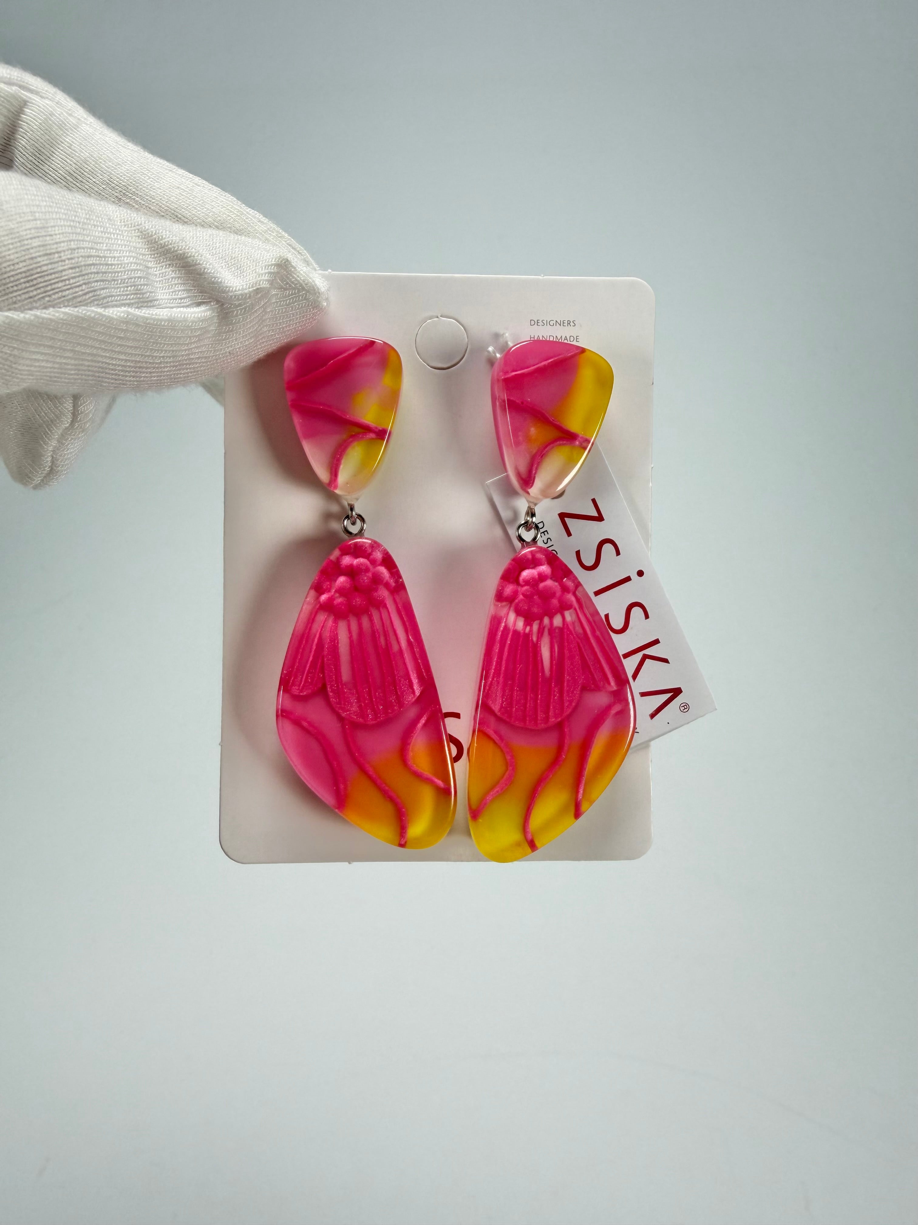 Zsiska - Prim Flora Pink & Yellow Pendant Resin Earrings ( 3200502FPINQ00 )