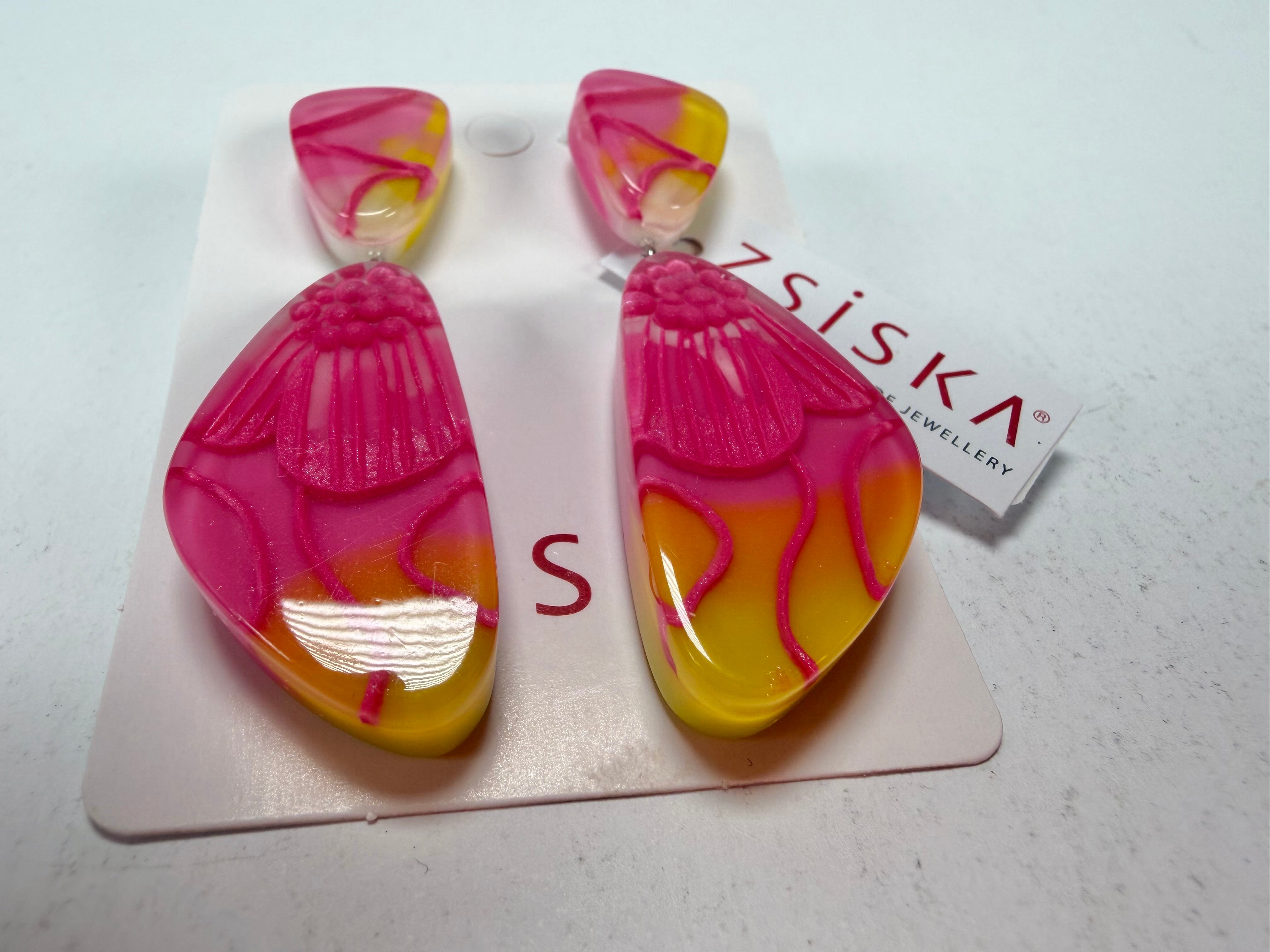 Zsiska - Prim Flora Pink & Yellow Pendant Resin Earrings ( 3200502FPINQ00 )