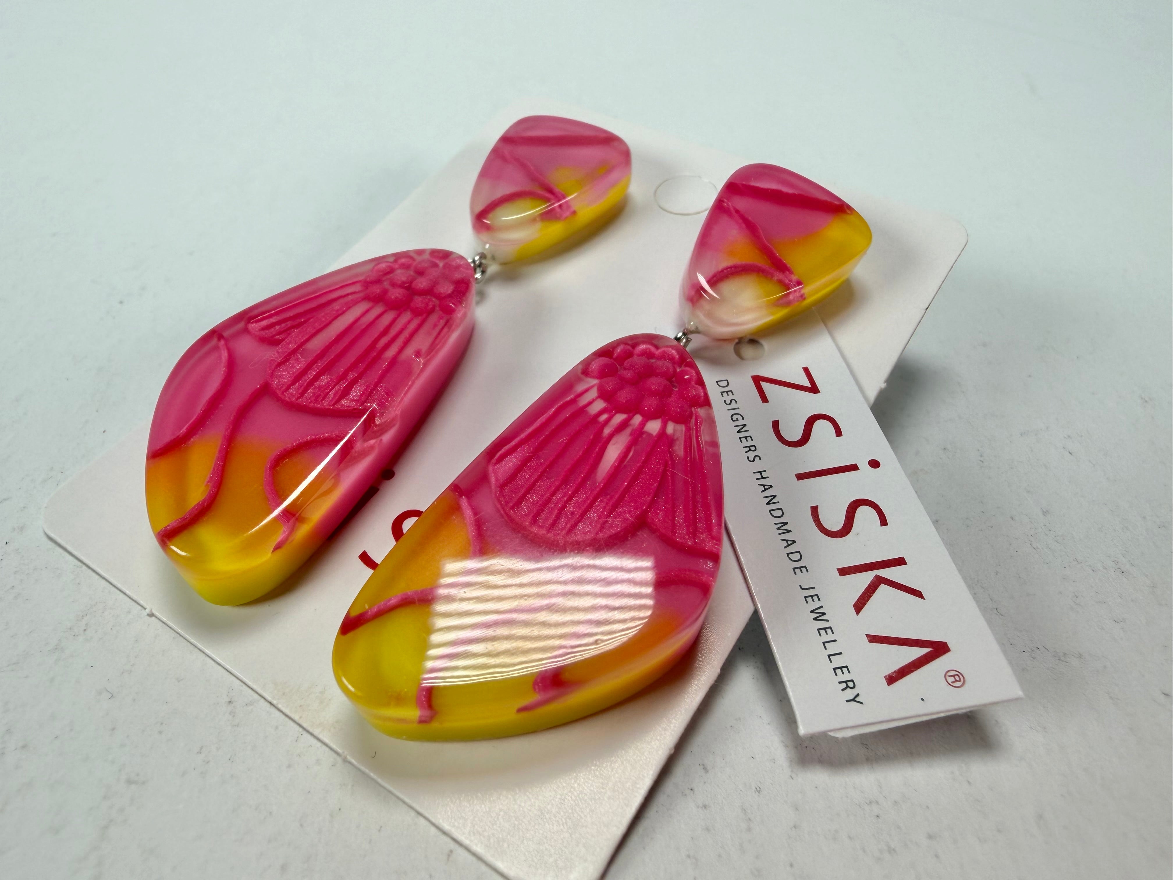 Zsiska - Prim Flora Pink & Yellow Pendant Resin Earrings ( 3200502FPINQ00 )