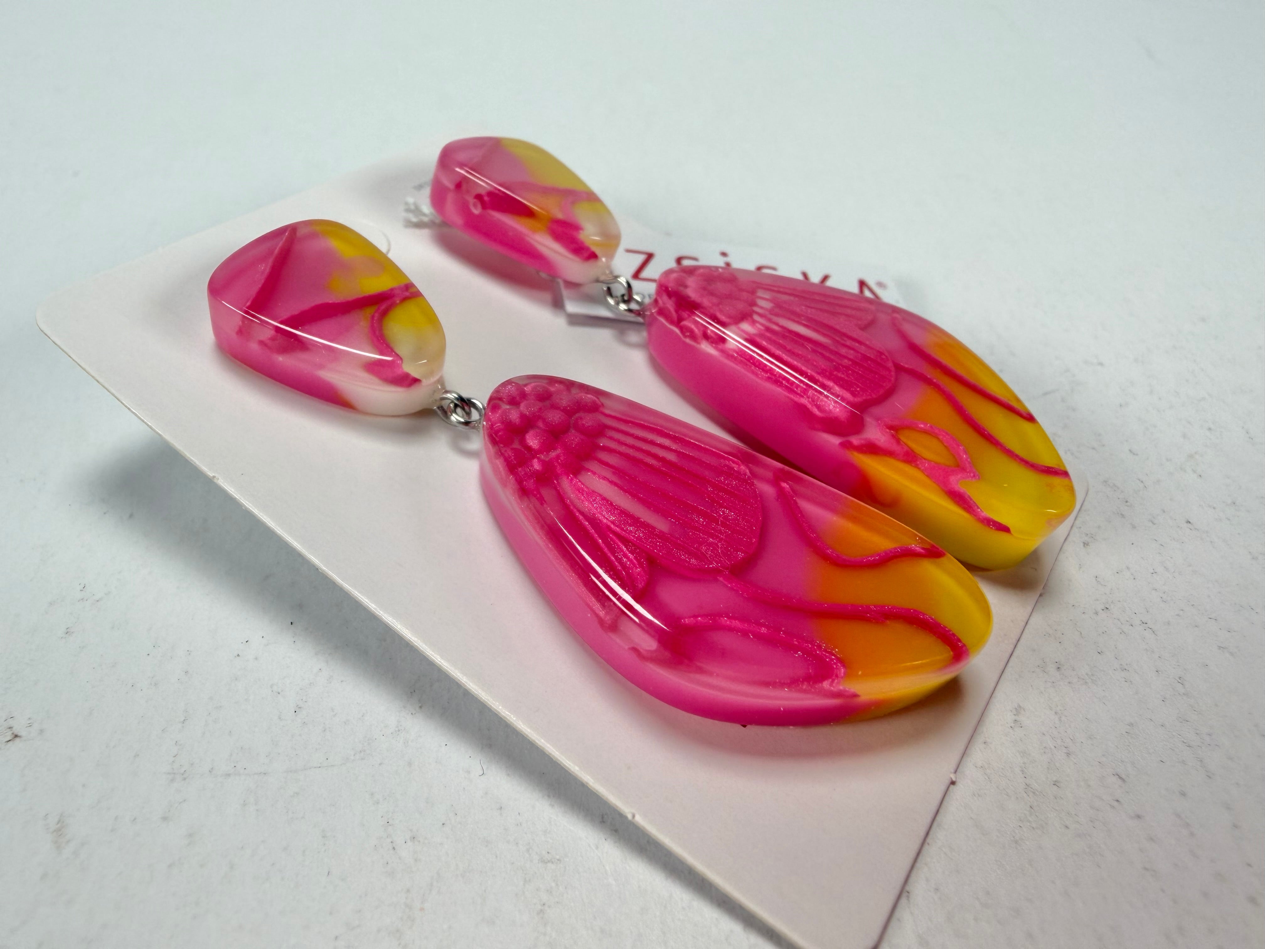 Zsiska - Prim Flora Pink & Yellow Pendant Resin Earrings ( 3200502FPINQ00 )