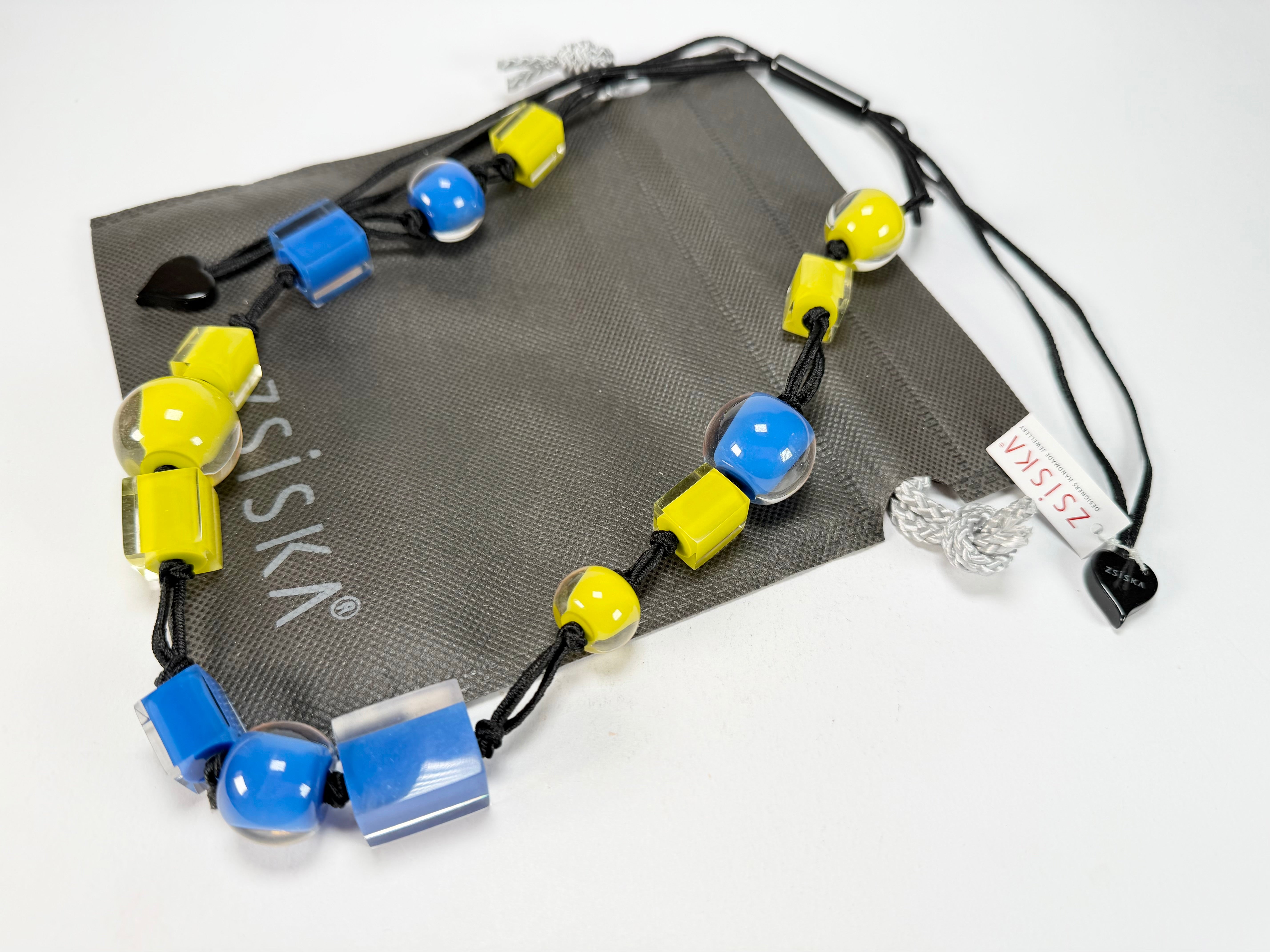 Zsiska - Colourful Beads & Cubes 14 Medium Bead Yellow & Blue Resin Necklace ( 60101230933Q14 )