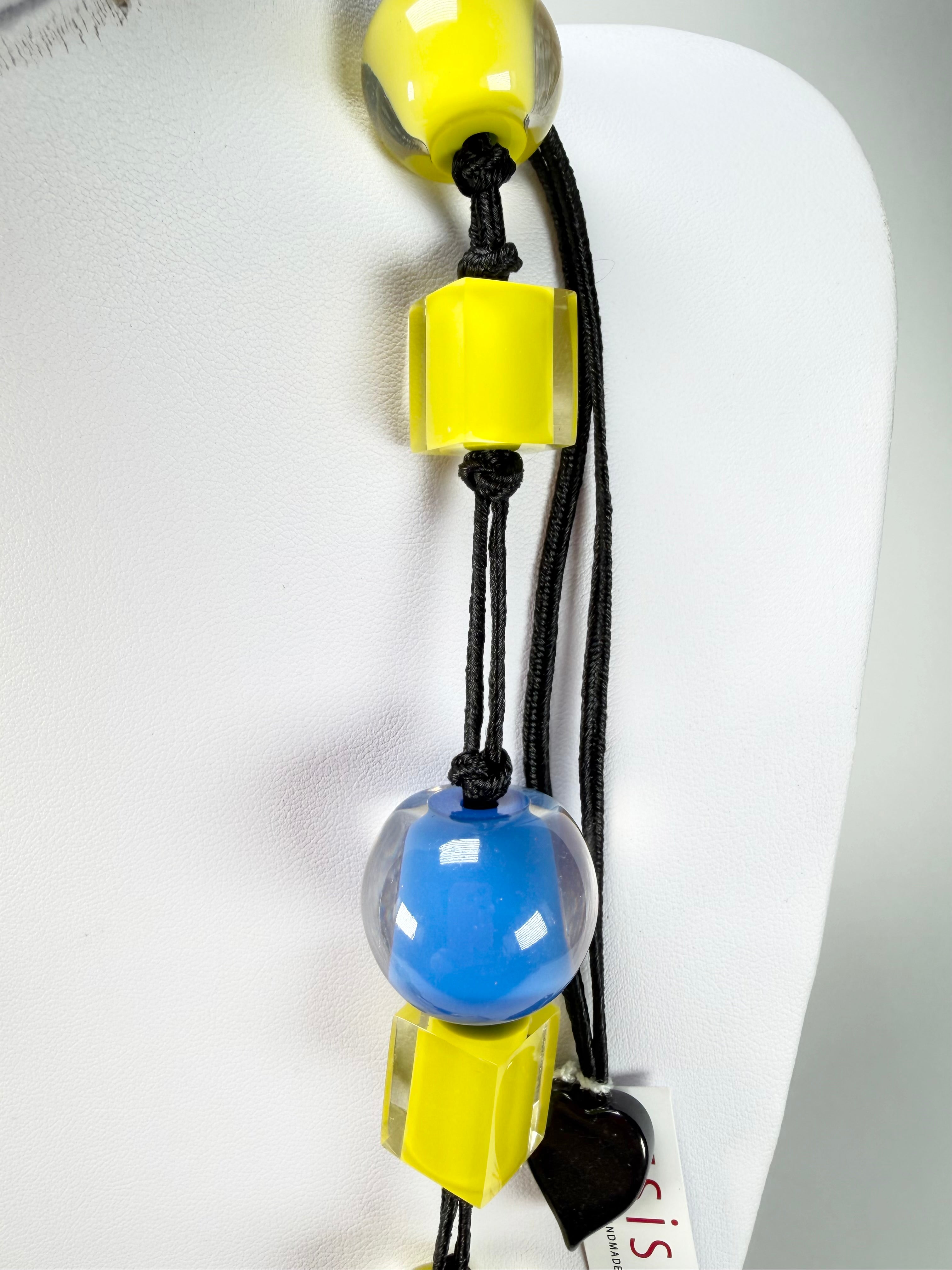 Zsiska - Colourful Beads & Cubes 14 Medium Bead Yellow & Blue Resin Necklace ( 60101230933Q14 )