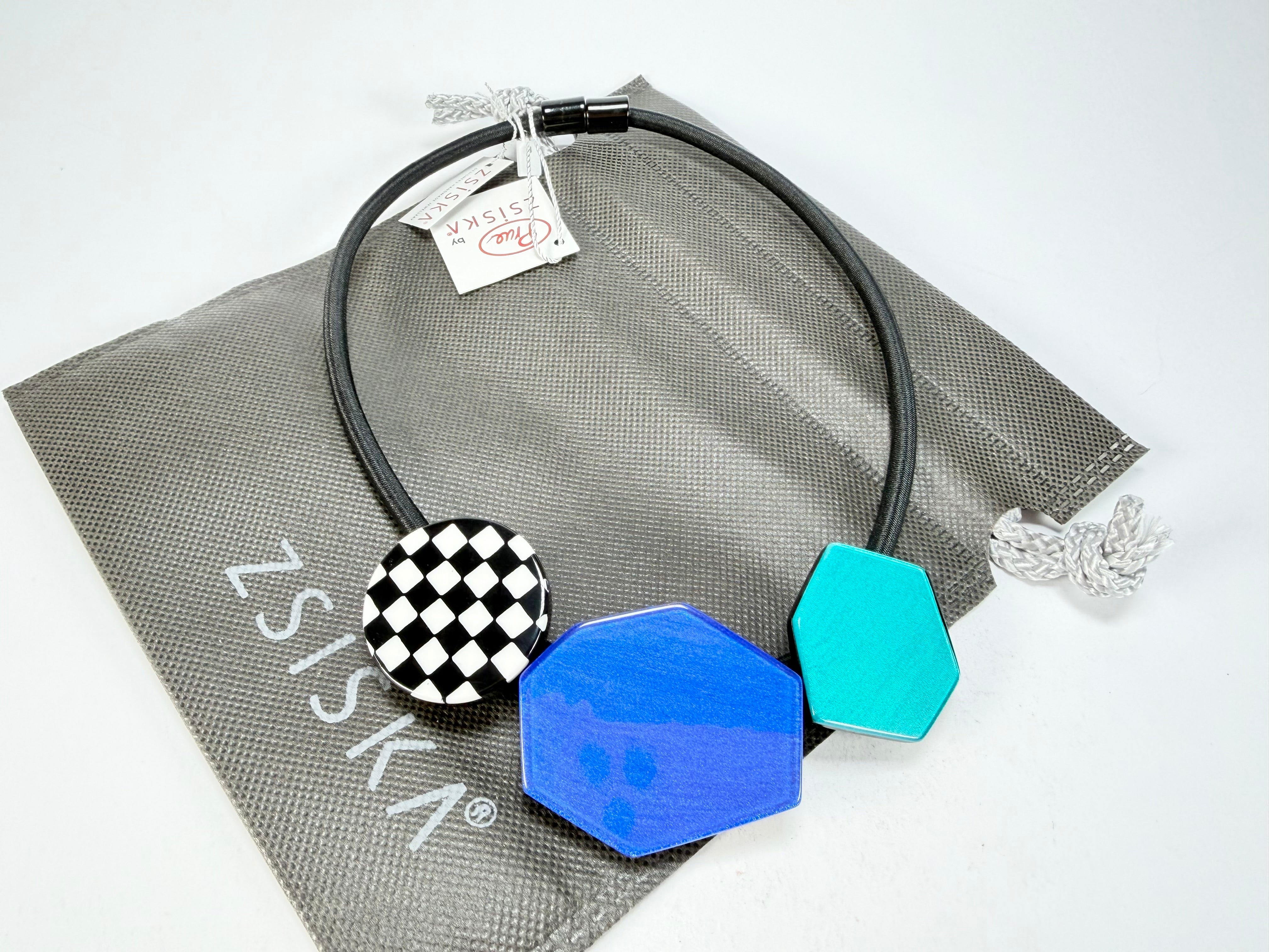 Zsiska - Checkmate "Prue Leith" Sapphire & Turquoise 3 Bead Resin Necklace ( P220150BLTUQ03 )