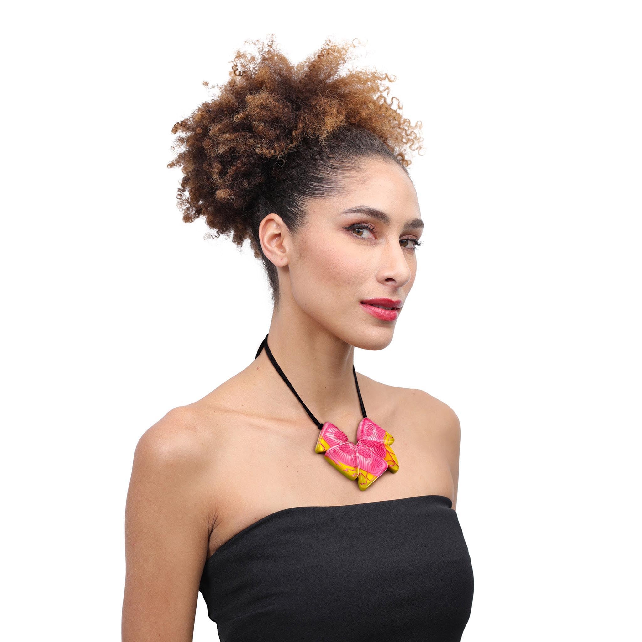 Zsiska - Prim Flora Pink & Yellow 5 Bead Resin Necklace ( 3200102FPINQ05 )