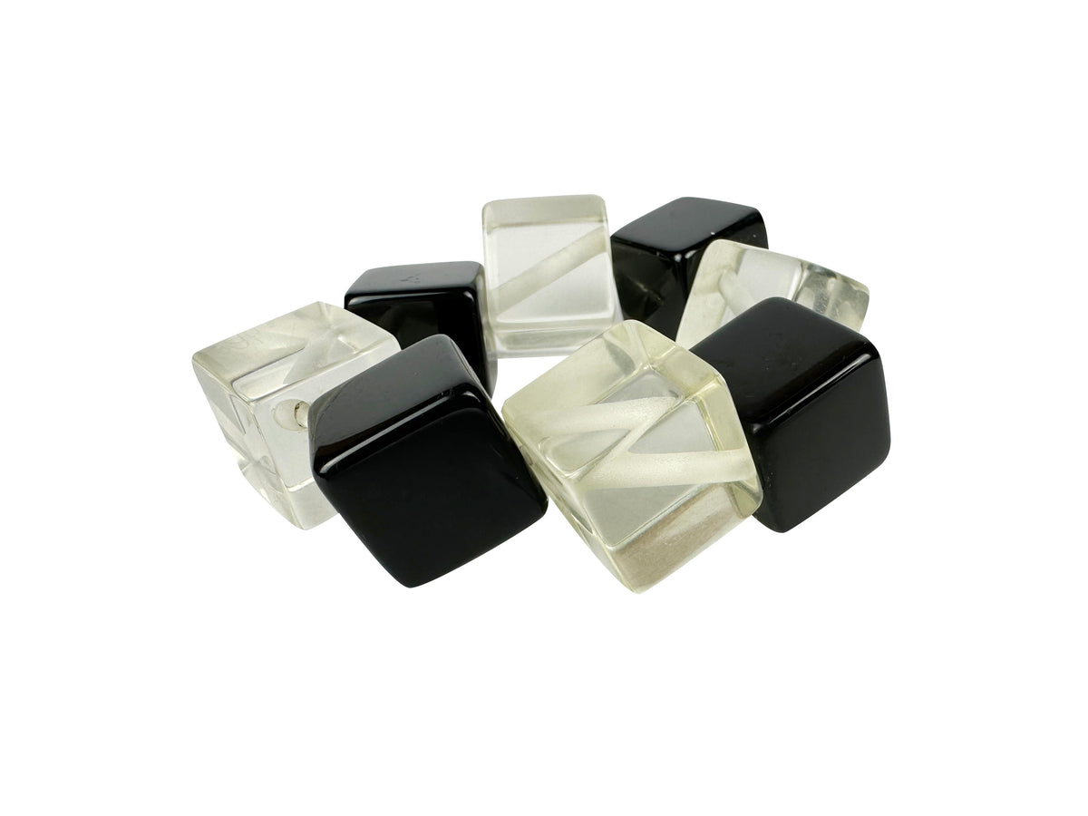 Jackie Brazil "Titan" Galactic Black & Clear Square Cubes On Elastic Resin Bracelet ( B2602 )